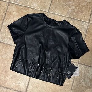 bagatelle Black Faux Leather Crop Top with Laser-Cut Floral Hem